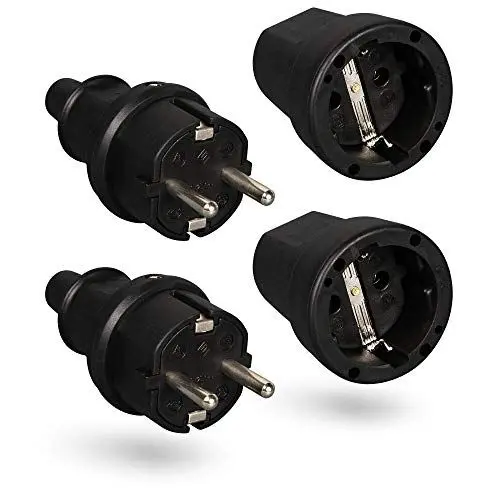 Produktbild: HEITECH Gummi Schutzkontakt Stecker & Kupplung - 2er Pack Schutzkontakt Set mit Knickschutz, schwarz, 250V, 16A, IP20 für Innenbereich - Vollgummi Schuko Stecker & Kupplung