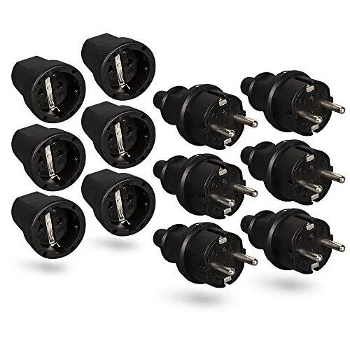 Produktbild: HEITECH Gummi Schutzkontakt Stecker & Kupplung - 6er Pack Schutzkontakt Set mit Knickschutz, schwarz, 250V, 16A, IP20 für Innenbereich - Vollgummi Schuko Stecker & Kupplung