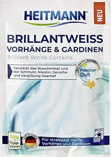 Produktbild: HEITMANN Brillantweiß Vorhänge & Gardinen | Verstärkt das Waschmittel und löst Schmutz, Nikotin & Gerüche fasertief | Für strahlend weiße Textilien | 50 g