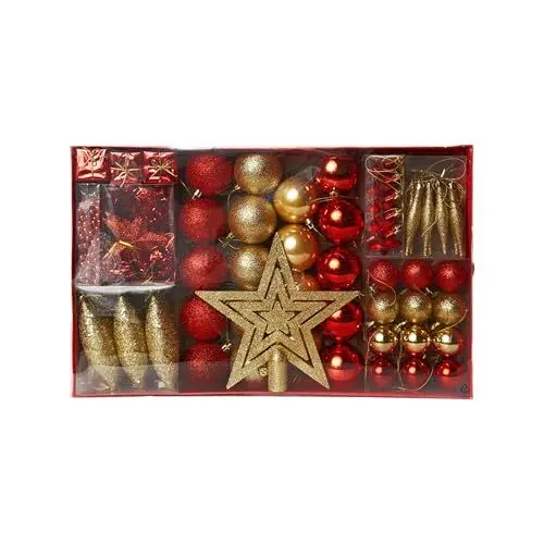 Produktbild: HEITMANN DECO Weihnachtsbaum-Schmuck - Gold/rot - 60-teilig - Set inkl. Baumspitze, Kugeln, Perlkette, Girlande und Sterne - Kunststoff, 47.5 x 29.7 x 6.5 cm