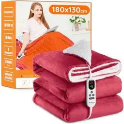 Produktbild: Heizdecke mit Abschaltautomatik, 130x180cm 10 Heizstufen 1~9 Stunden Auto-Off-Timer Überhitzungsschutz, Elektrische Wärmedecke Bett Wärme Decke ETL für Home & Office Schnelle Flanell Waschbar Rot