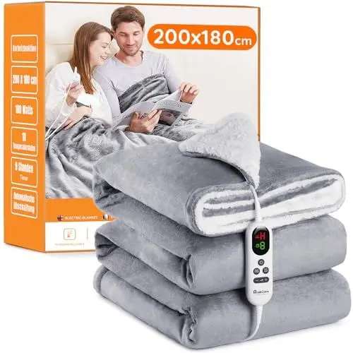 Produktbild: Heizdecke mit Abschaltautomatik, 200x180cm 10 Heizstufen 1~9 Stunden Auto-Off-Timer Überhitzungsschutz, Elektrische Wärmedecke Bett Wärme Decke ETL für Home & Office Schnelle Flanell Waschbar Grau