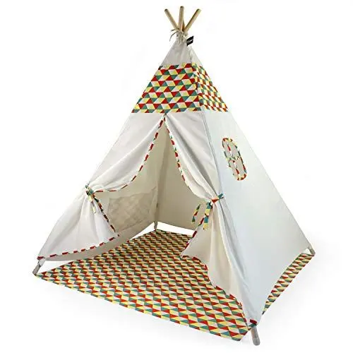 Produktbild: Hej Lønne Kinder Tipi, weißes Zelt mit buntem Muster, ca. 120 x 120 x 150 cm groß, Spielzelt mit Bodendecke und Fenster, inkl. Beutel und Anleitung, für drinnen und draußen, schadstofffrei