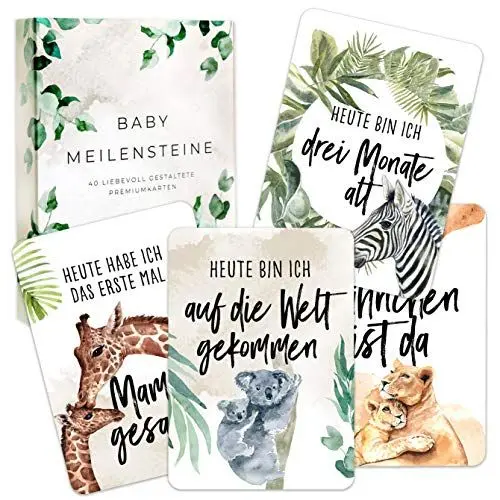 Produktbild: HEJ.CREATION Baby Meilensteinkarten erstes Lebensjahr als Erinnerungskarten in Geschenkbox I Die schönsten Meilensteine der ersten 12 Monate als Geschenk für werdende Mütter und Väter