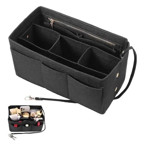 Produktbild: Hejo Handtaschen Organizer, Filz Taschenorganizer, Bag in Bag Organizer, Taschen Organizer Shopper, 27 × 16 × 15 cm Multi-Pocket Handtasche Innentasche für Damen Mädchen (Schwarz, M)