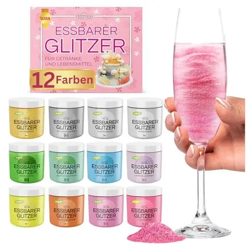 Produktbild: He-Ju Essbarer Glitzer für Getränke und Lebensmittel 12 x 3g Edible Glitter, OHNE E171, Vegan, Glutenfrei, Laktosefrei, Zuckerfrei - Perfekter Essbarer Glitzer für jeden Anlass