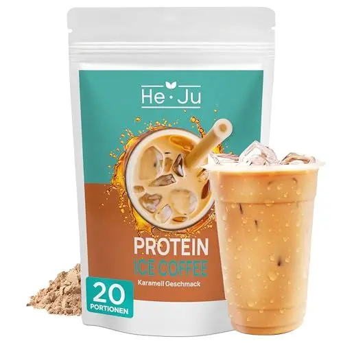 Produktbild: He-Ju Protein Coffee mit Caramel Geschmack 500g, heiß und kalt genießbar, Protein Eis Kaffee ohne zusätzlichen Zucker, Ice Coffee High Protein, 20 Portionen, aus Milcheiweiß, Abverkauf MHD 21.06.2025