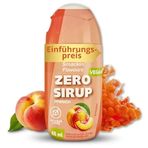 Produktbild: He-Ju Zero Sirup zuckerfrei Pfirsichgeschmack, 65 ml (32 Portionen), ohne Zuckerzusatz, nur 2 kcal pro Portion, Vegan & kalorienarm, ergibt bis zu 8L erfrischendes Getränk, intensiver Geschmack