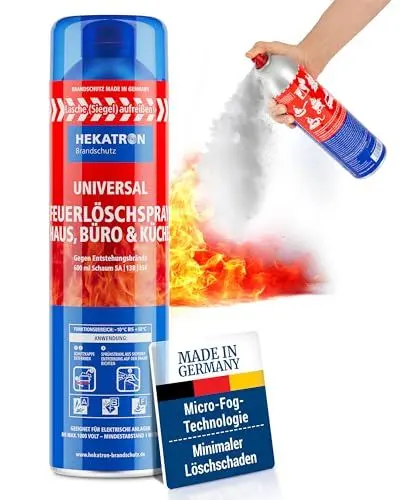 Produktbild: Hekatron Feuerlöschspray, hochwirksames Schaumlöschmittel, Sprühweite bis zu 4 Meter, Löschzeit 25 Sekunden, Löschspray gut für Haushalt, Küche, Grillen und Camping Dank intuitiver Anwendung, 600 ml