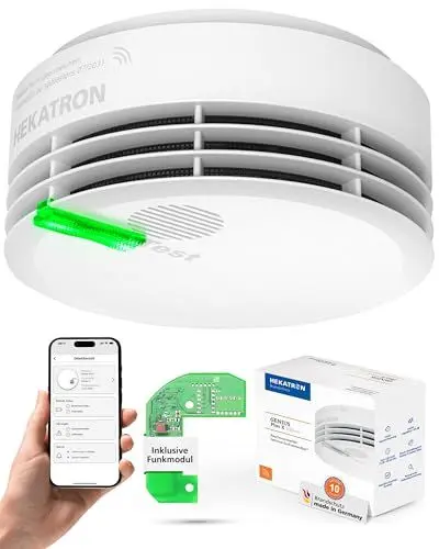 Produktbild: Hekatron Genius Plus X – Rauchmelder vernetzt 10 Jahre Batterie – mit Funkmodul Basis X – Testsieger Stiftung Warentest – Made in Germany – Funkrauchmelder Set – mehrsprachig – 1 Stück