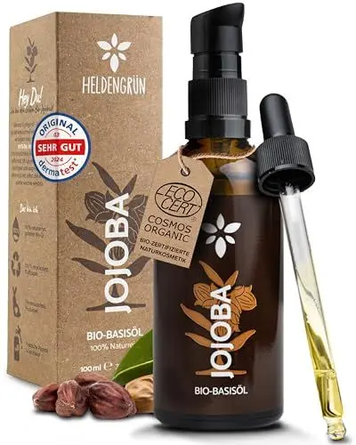 Produktbild: Heldengrün® BIO Jojobaöl (100% NATURREIN) Gesichtsöl - Dermatologisch getestet - Jojobaöl Haare - Kaltgepresst & unraffiniert - Intensivpflege für Gesicht, Körper & Haare