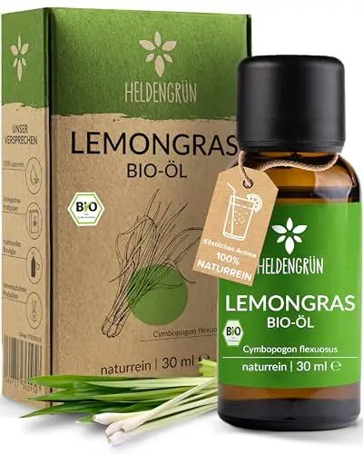 Produktbild: Heldengrün® BIO Lemongras Öl (100% NATURREIN) Erfrischend & Anregend - Echtes Zitronengrasöl - Duftöl Lemongras - Ätherische Öle für Aromatherapie