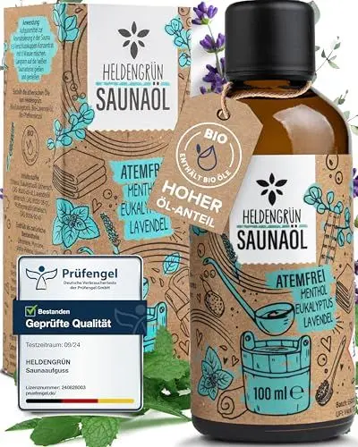 Produktbild: Heldengrün BIO Saunaaufguss Atemfrei (ECHTE BIO-ÖLE, 3 DÜFTE) - Saunaöl mit Menthol, Eukalyptus & Lavendel - Natur Sauna Aufgussmittel mit ätherischem Bio-Öl