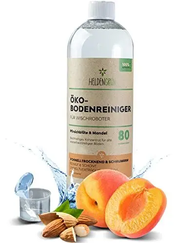 Produktbild: Heldengrün® Öko Bodenreiniger für Wischroboter (PFIRSICHBLÜTE & MANDEL) Dermatologisch getestet - Wischroboter Reinigungsmittel - Streifenfrei, schnelltrocknend & schaumarm - Reiniger Wischroboter