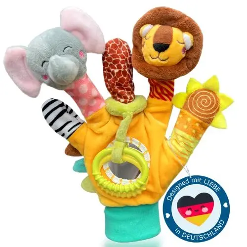 Produktbild: HELDENGUT® 2in1 Spielhandschuh als ideales Baby Geschenk - Absolut sicher & unbedenklicher Baby Fingerpuppen Handschuh - Super Baby Spielzeug zur Baby Geburt ab 0 Monate für Jungen & Mädchen