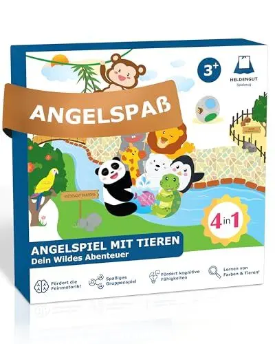 Produktbild: HELDENGUT® geliebtes Angelspiel ab 2 Jahre (mit 4X vielfältigen Spielen) - Angelspiel aus Holz mit 12x extra großen Figuren