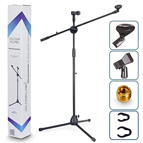 Produktbild: Heldenklang® Mikrofonständer für 2 Mikrofone – Mit Schwenkarm, 2 Mikrofonklemmen und Adapter – Extra großer Tripod Standfuß für einen stabilen Stand