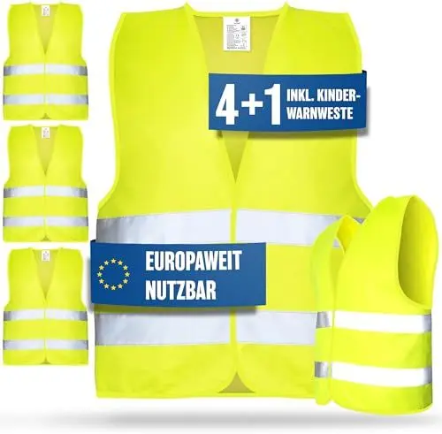 Produktbild: HELDENWERK Warnwesten Auto 5er 4+1 Set Europaweit gültig nach EN ISO 20471 - Reflektierende Warnweste Auto inkl. Kinderweste - Sicherheitsweste Auto Warnweste Gelb - Warnschutzweste Sicherheitswesten