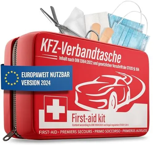 Produktbild: HELDENWERK KFZ Verbandstasche nach aktueller Norm 2025 - Europaweit Nutzbar - Erste Hilfe Set Auto Verbandskasten DIN 13164:2022 (StVO konform)