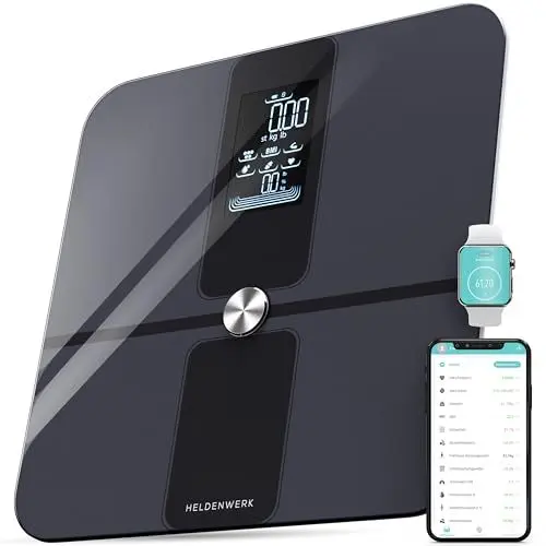 Produktbild: HELDENWERK Personenwaage Körperfettwaage, Waage Personen mit App & Vollflächensensor 180 kg/400 lbs, Körperwaage Digital, Bluetooth Körperanalysewaage für Körperfett, BMI, Muskelmasse, Protein, BMR