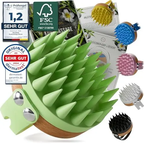Produktbild: HELDSON® Premium Kopfhaut Massagebürste - FSC®100% - Kopfmassage Bürste - Scalp Massager Brush - Haar Massagebürste Haare - Hair Care Kopfhaut Peeling - Kopf Massage - Scalp Scrub (Jadegrün)