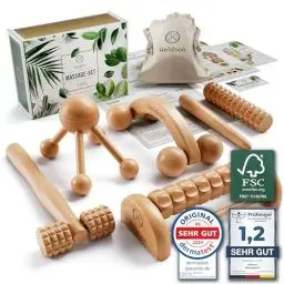 Produktbild: HELDSON® Premium Massage Set Holz (6 Teile) FSC®100% - Diverse Massagegeräte & Massage Roller - Fußmassage, Kopfmassage, Triggerpunkt Drücker - Entspannung Therapie Tools - Anti Cellulite, Stress