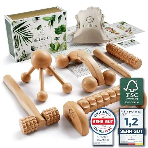 Produktbild: HELDSON® Premium Massage Set Holz (6 Teile) FSC®100% - Diverse Massagegeräte & Massage Roller - Fußmassage, Kopfmassage, Triggerpunkt Drücker - Entspannung Therapie Tools - Anti Cellulite, Stress