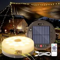 Produktbild: HELESIN Camping Lichterkette Aufrollbar Solar 12.8M, 4 in 1 Tragbare LED Lichterkette mit 8 Beleuchtungsmodi, 2 Lademodi, Wasserdichte Camping Lichterkette für Camping Hof Dekoration(Warmton)
