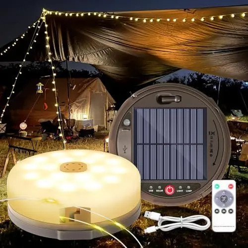 Produktbild: HELESIN Camping Lichterkette Aufrollbar Solar 12.8M, 4 in 1 Tragbare LED Lichterkette mit 8 Beleuchtungsmodi, 2 Lademodi, Wasserdichte Camping Lichterkette für Camping Hof Dekoration(Warmton)