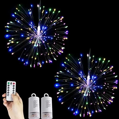 Produktbild: HELESIN Feuerwerk Licht 2 x 120 LED Kupferdraht DIY Dekorations Lichterkette Batteriebetrieben Fernbedienung Wasserdicht 8 Modi Beleuchtungseffekt für Innen Draussen Weihnachten Party(Mehrfarbig)