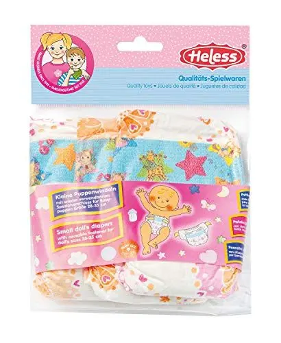 Produktbild: Heless 375 - Puppenwindeln, 3 Stück, am Bund bedruckt mit farbenfrohen Kindermotiven, wiederverwendbarer Klettverschluss, Größe 28 - 35 cm
