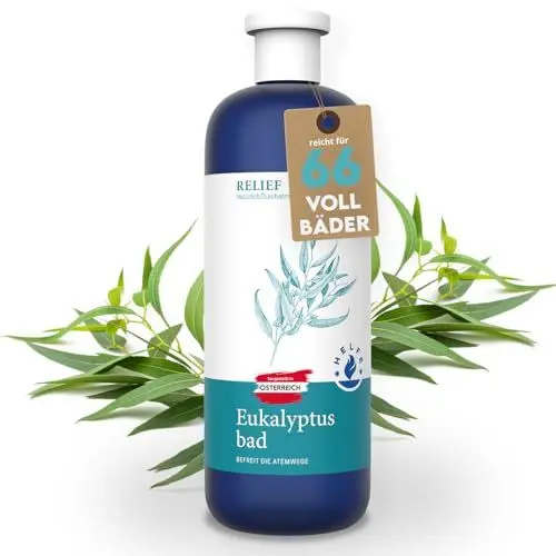 Produktbild: HELFE® Eukalyptus Badezusatz (1 Liter) - konzentriertes Erkältungsbad mit natürlichem Eukalyptus Öl zur Linderung von Grippe Symptomen - wohltuend für die Atemwege