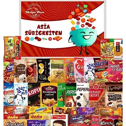 Produktbild: HELGA - BOX Asiatische Süßigkeiten ausgefallene enthält 20 beliebte Snacks aus ganz Asien vielseitiger Asia - Mix wie Jelly Straws & Krabbenchips ideal als Geschenk Box