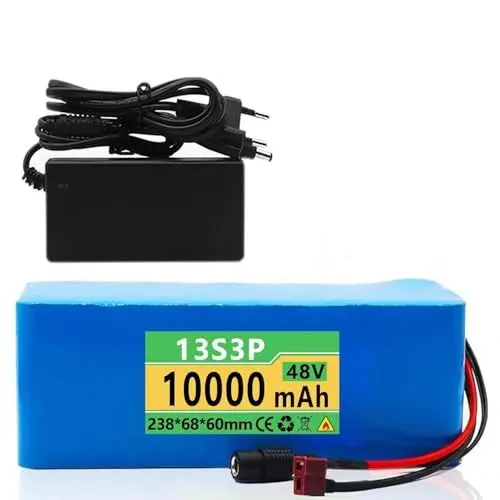 Produktbild: HELINAZI 48V 10AH E-Bike-Akku 13S3P Lithium-Ionen-Akku für 200W 350W 500W 800W Elektroroller-Motor mit BMS + Ladegerät,T Plug