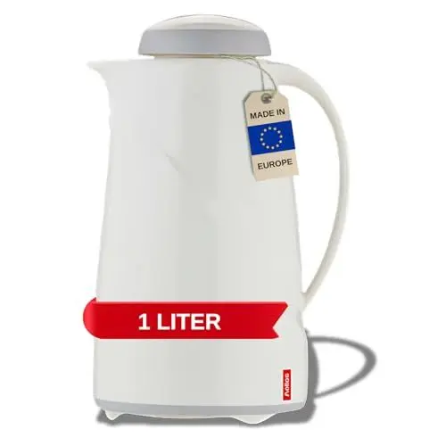 Produktbild: Helios Wave Thermoskanne-6h Hält Getränke heiß & kalt-Spülmaschinenfest-Leichter, robuster Kunststoffmantel-Ideal für Kaffee & Tee, Kunststoff, Weiß, 1 Liter