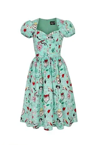 Produktbild: Hell Bunny Tijuana Kleid Rockabilly Gotisch Midi Blumen Schlange Herzvogel, Mehrfarbig, XL