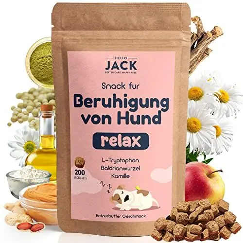 Produktbild: Hello Jack Relax Natürliches Beruhigungsmittel für Hunde - Bis zu 6 Monate Vorrat - Anti Stress mit Baldrian, Kamille, Trytophan, Seegras für den Hund - Natürliche Zutaten