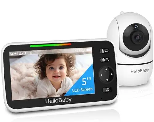 Produktbild: HelloBaby Babyphone mit Kamera, 30 Stunden Akku mit 5 Zoll Bildschirm, 355° Schwenken-120° Neige-Zoomen, Babyfone ohne WLAN, 2 Wege Audio, Temperatur, 8 Schlaflieder, Nachtsicht und 305 m Reichweite