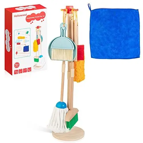 Produktbild: HELLOWOOD Kinder Holz Reiniungs-Set, 8-teilige Haushaltsspielzeug Rollenspiele Set inkl. Besen Mop Kehrblech Bürsten Lappen Handfeger Ständer, Reinigung Spielzeug für Mädchen Jungen Alter 3-6