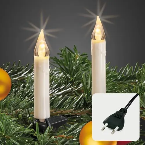 Produktbild: hellum Lichterkette Weihanchtsbaum, 20 LED Kerzen Lichterkette Weihnachtsbaum weiß Topfen, 5,7m beleuchtet + 3m Zuleitung, Baumbeleuchtung innen, Kabel grün, Hellgkeit <59 lm warmweiß 560282