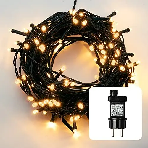 Produktbild: hellum LED Lichterkette Außen mit Timer, 7,9m beleuchtet 80 LED, Lichtfarbe bernstein (klassisch warmweiß), Lichterkette strombetrieben mit Stecker, Weihnachtsbaumbeleuchtung mit Kabel in grün 576603