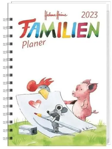 Produktbild: Helme Heine Familienplaner Buch A5 2023. Familienkalender mit 5 Spalten. Liebevoll illustrierter Buch-Kalender mit Einstecktasche und Schulferien. Terminplaner mit 160 Seiten.