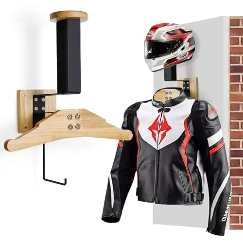 Produktbild: Helmhalterung Wand - Motorrad Garderobe mit Hacken für Handschuhe und Jacke - Stabile Motorradbekleidung Ständer für Taktische Weste Platte Träger - Platzsparend Fahrradhelm Halter