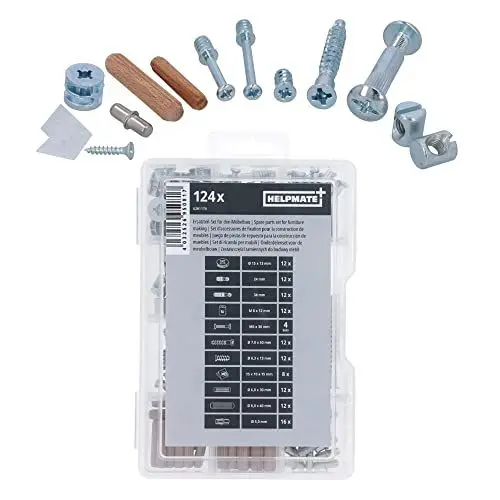 Produktbild: HELPMATE – 124-teiliges Möbelschrauben Set – Möbelverbinder aus vernickeltem Stahl – Schrankverbinder inkl. Drehkeilbeschlag, Anzugsbolzen & Hülsenschraube mit Hülse – Verbindungsschrauben für Möbel
