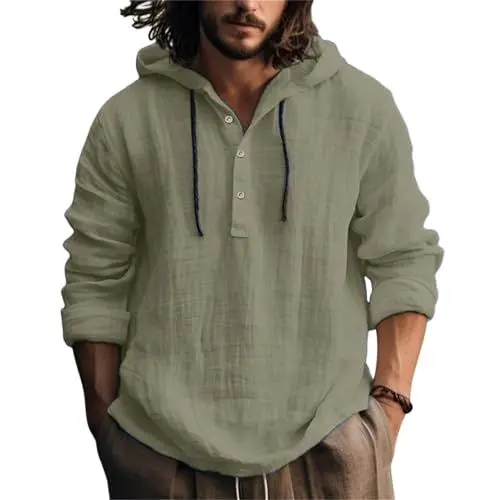 Produktbild: Hemd Herren,Leinenhemd Herren Langarm Baumwolle Leinen Hoodie Einfarbig Hoody Oberteile Knopfleiste Langarm Hemd mit Kapuze Modische Langarmshirt Sommerhemd Shirt Leichte Bequem Freizeithemden