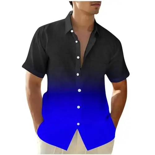 Produktbild: Hemd Herren Kurzarm Sommer Hemden Freizeit Kurzarmhemd Oversize Herrenhemd Bequeme Freizeithemden Mit Farbverlauf Leichte Sommerhemd Bunte Print Stehkragenhemd Blitzangebote Blau L