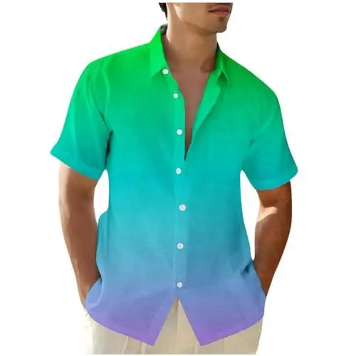 Produktbild: Hemd Herren Kurzarm Sommer Hemden Mode Freizeit Kurzarmhemd Oversized Herrenhemd Mit Farbverlauf Hawaii Freizeithemden Leichte Sommerhemd Bunte Print Stehkragenhemd Sale Mintgrün 5XL
