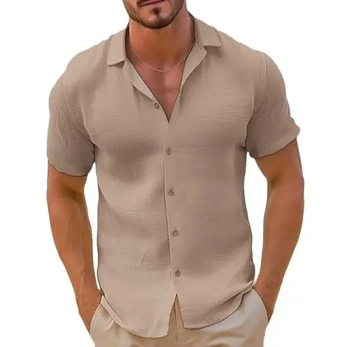 Produktbild: Hemd Herren Kurzarm Sommerhemd Sommer Kurzarmhemd Hawaii Hemden Freizeit Herrenhemd Bequeme Hawaiihemd Einfarbig Freizeithemd Regular Fit Kurzarmhemden Deals Khaki M