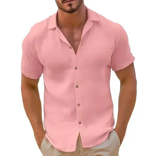 Produktbild: Hemd Herren Kurzarm Sommerhemd Sommer Kurzarmhemd Hawaii Hemden Freizeit Herrenhemd Bequeme Hawaiihemd Einfarbig Freizeithemd Regular Fit Kurzarmhemden Sale Angebote Rosa M