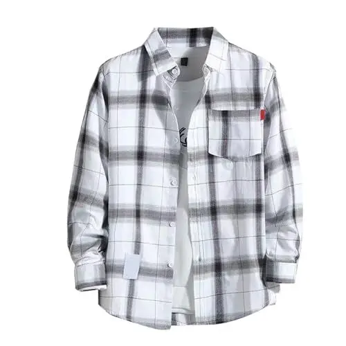 Produktbild: Hemd Herren Langarm,Kariertes Hemd Herren Langarm Freizeithemd Baumwolle Arbeitshemd mit Fronttasche HolzfäLlerhemd Regular Fit Karohemd Oktoberfest Outfit Weiß